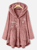 Women's Solid Color Pullover Sweater Pocket Cat Embroidery Cardigan Hooded Coat Button Top