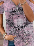 Women's Punk Skull Print V-neck Cold Shoulder T-shirt