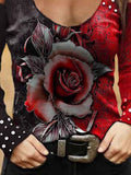 Women's Vintage Rose Art Printed Long Sleeve Shirt