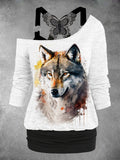 Women's Wolf Print Lace Tank Top Two-Piece Set