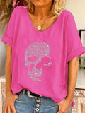 Skull portrait print V-neck loose T-shirt