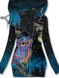 Women's Winter Owl Art Print Casual Track Jacket