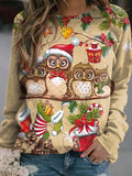 Women's Christmas Owl Crew Neck Plaid Casual Sweatshirt