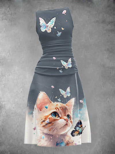 Women's Summer Retro Cat Print Long Dress