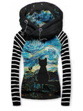 Women's Retro Punk Starry Sky Cat Art Casual Stripe Hooded Sweatjackenirl