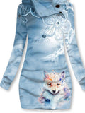 Women's Winter Wolf Art Print Casual Sports Hooded Dress