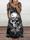 Women's Punk Skull Art Printed Sexy V-neck Short Sleeve Dress