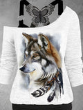 Women's Wolf Print Lace Tank Top Two-Piece Set