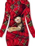 Women's Winter Christmas Cat Print Casual Sports Hooded Sweatshirt Dress