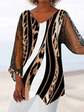 Women's retro leopard stitching printed gauze sleeve casual top