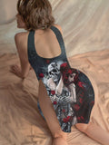 Women's Skull Sexy Lingerie High Slit Long Dress Cheongsam