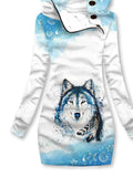 Women's Winter Wolf Print Casual Hooded Sweatshirt Dress