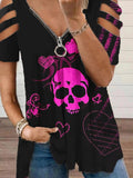 Women's Retro Punk Skull Print Casual V-Neck Off-Shoulder T-Shirt