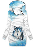 Women's Winter Wolf Print Casual Hooded Sweatshirt Dress