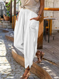 Women's Solid Color Straight Leg Cotton Linen Drawstring Loose Wide Leg Pants