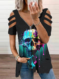 Women's Retro Punk Skull Print Casual V Neck Off Shoulder T-Shirt