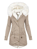 Women's Autumn and Winter Mid Long Windbreaker White Fur Collar Hooded Plush Coat