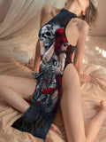 Women's Skull Sexy Lingerie High Slit Long Dress Cheongsam