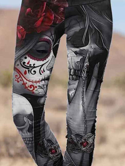 Vintage Punk Skull Pattern Printed Casual Tight Leggings