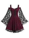 Women's One Line Neck, Shoulder Straps, Lace Flared Sleeves, Medium Length Dress