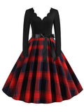 Women's Vintage V-neck Long Sleeve Plaid Print Swing Dress