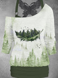 Women's Forest Feather Eco-Friendly Art Design Two Piece Suit Top