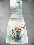 Women's Summer Retro Cat Print Long Dress