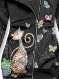 Women's Floral Cat Art Print Sweatjacke