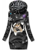 Women's Winter Christmas Cat Print Casual Sports Hooded Sweatshirt Dress