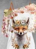 Women's Fox Flower Art Design Two Piece Suit Top