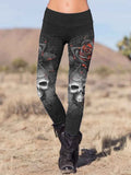 Vintage Punk Skull Pattern Printed Casual Tight Leggings