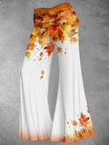 Women's Maple Leaf Wide Leg Pants Cinched Foldover Elastic Waist Long Relaxed Pants