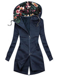 Women's Hooded Floral Printing Zipper Long Sleeve Pocket Sweater Coat