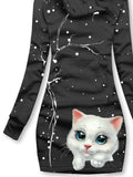 Women's Winter Cat Print Casual Sports Hooded Dress