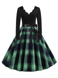 Women's Vintage V-neck Long Sleeve Plaid Print Swing Dress