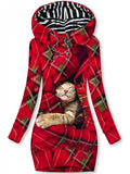 Women's Winter Christmas Cat Print Casual Sports Hooded Sweatshirt Dress