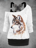 Women's Wolf Print Lace Tank Top Two-Piece Set