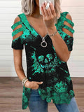 Women's Retro Punk Skull Print Casual V Neck Off Shoulder T-Shirt