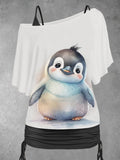 Women's Penguin Art Printing Dolman Sleeve Casual Two Piece Suit Top