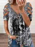 Women's Retro Punk Skull Print Casual V-Neck Off-Shoulder T-Shirt