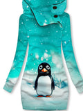 Women's Winter Penguin Print Casual Sports Hooded Dress