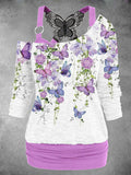 Women's Flower Butterfly Art Design Casual Two Piece Suit Top