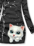 Women's Winter Cat Print Casual Sports Hooded Dress