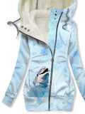 Women's Winter Dolphin Print Casual Fleece Track Jacket