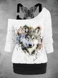 Women's Wolf Print Lace Tank Top Two-Piece Set