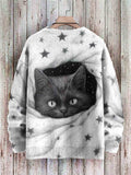 Vintage Cute Cat Art Print Casual Knit Pullover Sweater