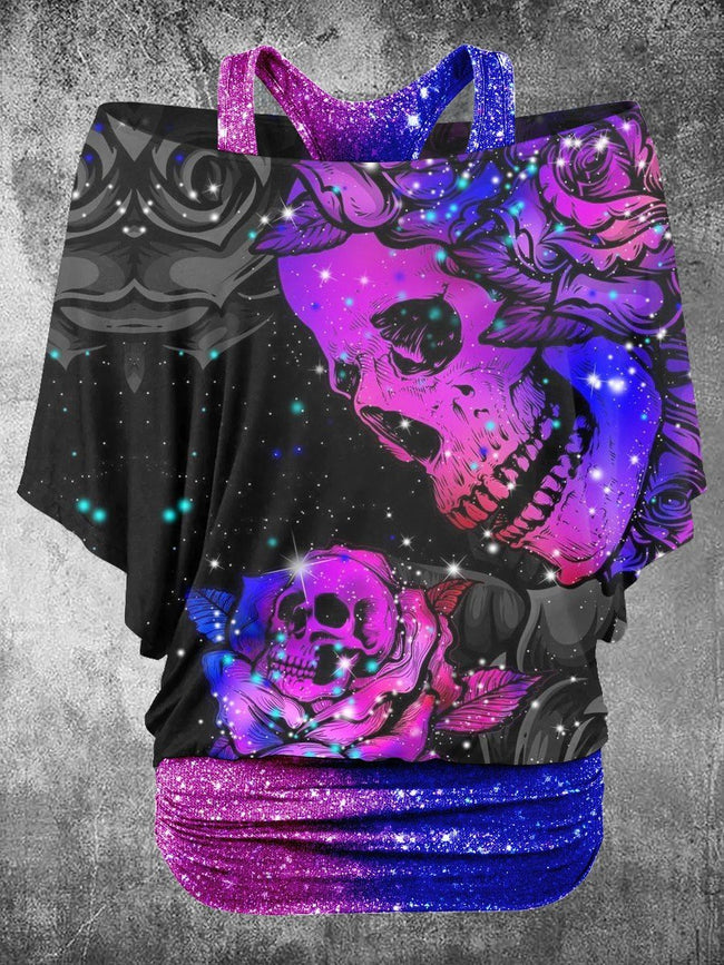Women's Punk Skull Butterfly Gradient Art Two Piece Suit Top