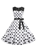 Women's Vintage Polka Dot Sleeveless Lace Panel Fashion Print Party Swing Dress