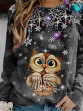 Women's Vintage Christmas Snowflake Owl Pattern Casual Sweatshirt