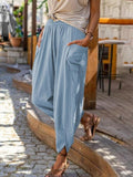 Women's Solid Color Straight Leg Cotton Linen Drawstring Loose Wide Leg Pants